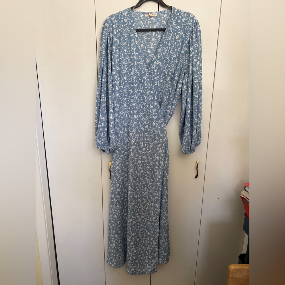 Lovely and Comfortable Sky Blue Floral Long Sleeve Wrap Dress